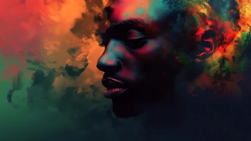 Luminous profile emerges from swirling neon clouds of thought