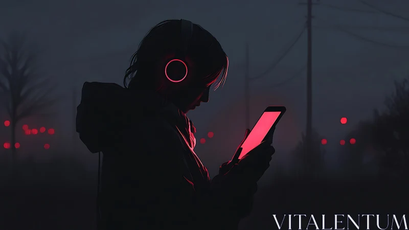 Soft neon night walk with headphones and glowing screen.