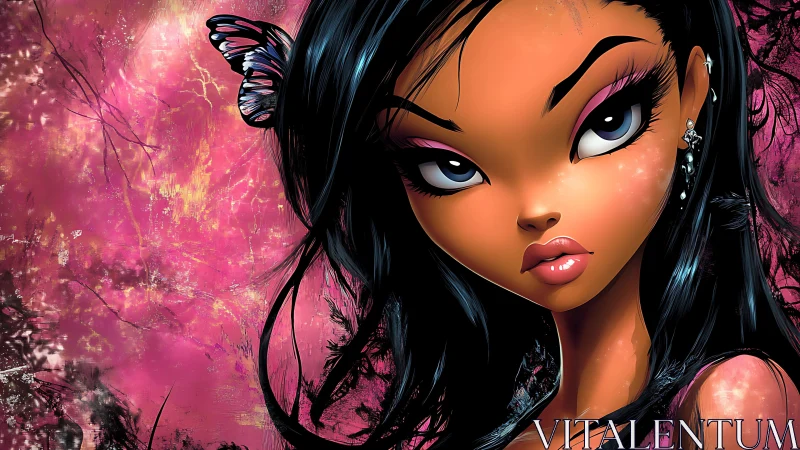 Butterfly-eyed neon muse gazing through electric petals.