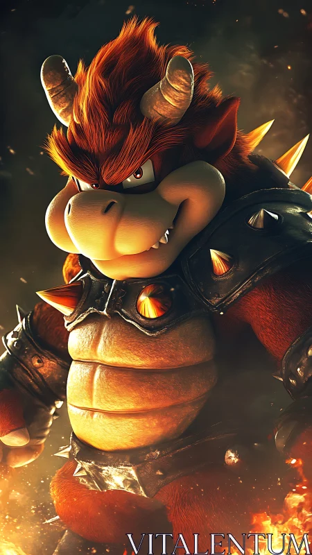 Fiery horned creature in spiked armor within molten glow.