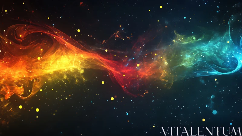 Diffuse multicolor nebula band across star-dense field.