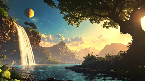 Alien jungle waterfall under planet-lit golden sunset sky.