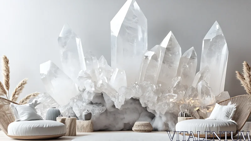 Monumental quartz crystal wall anchors serene neutral lounge.