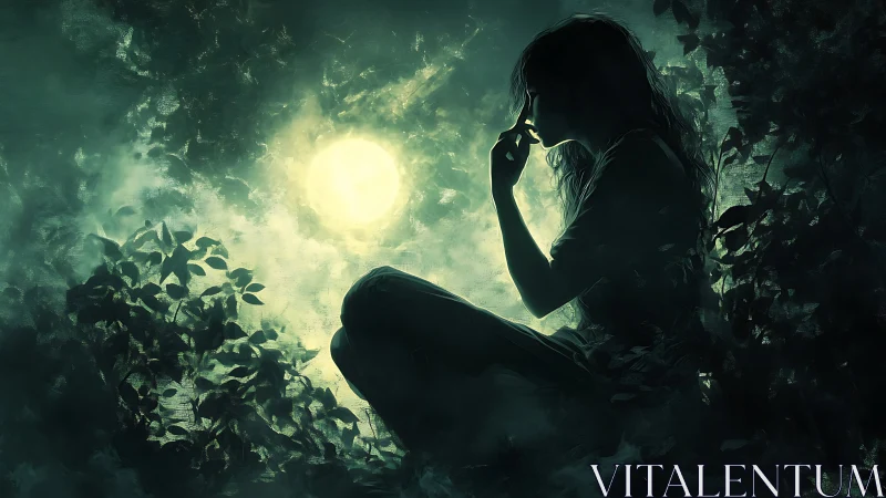 Silhouetted woman in foliage before bright full moon.