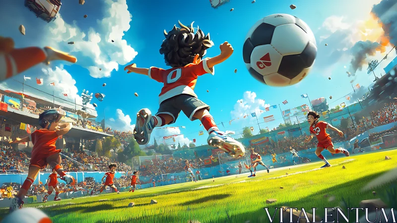 Stylized soccer match shows children in mid-action on field