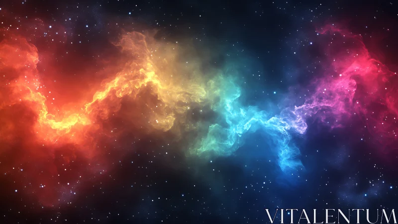 Prismatic cosmic nebula arc across deep starry space.