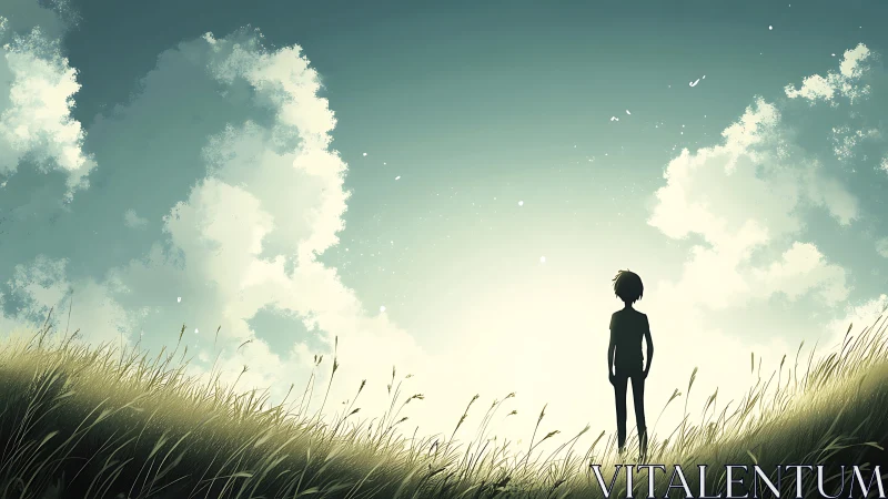 Quiet silhouette boy beneath daydream-blooming clouds glow.