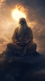Seated elder figure meditates on rocky peak under backlit sun