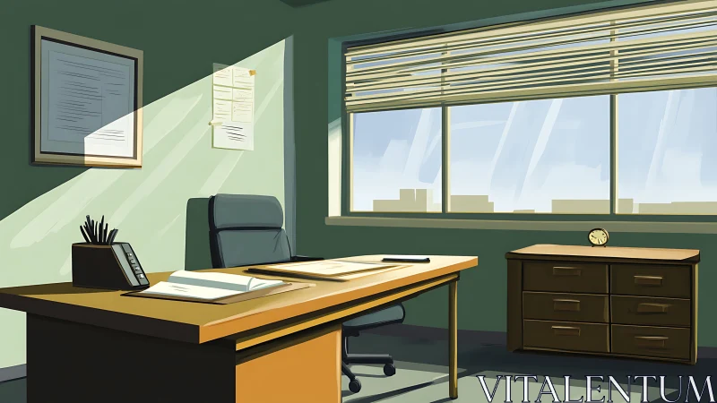 Sunlit administrative office interior under linear perspective.