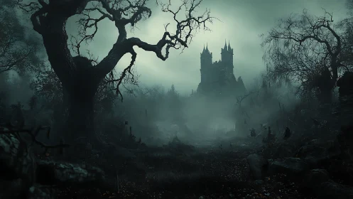 Foggy haunted castle rising beyond twisted forest shadows.