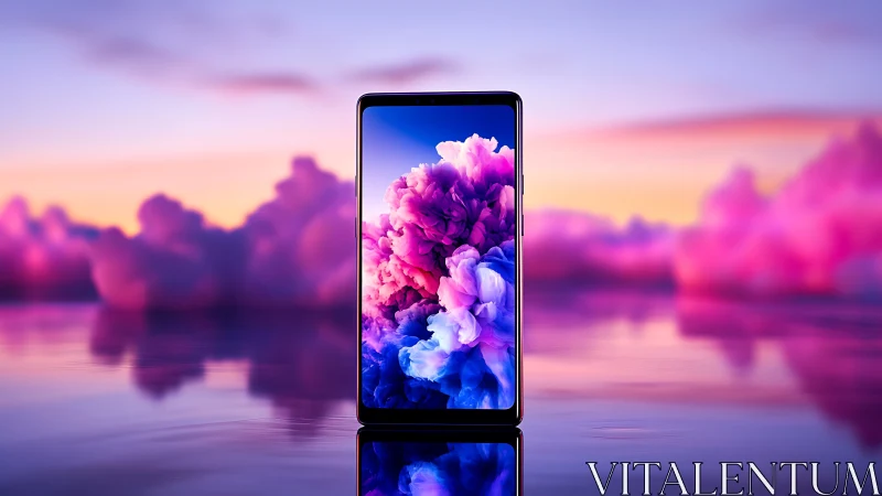 Smartphone displaying vibrant magenta ink cloud wallpaper against blurred background