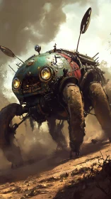 Rusty beetle mech trudges through stormlit wasteland skies.