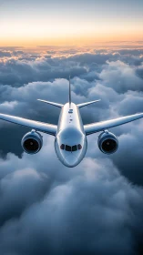 Front-facing airliner cuts through stratiform clouds at sunrise