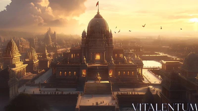 Golden sunrise over monumental temple cityscape panorama.