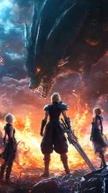 Warriors confront a colossal fire dragon in a blazing rift