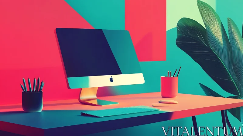 Desktop workstation with computer in colored studio light.