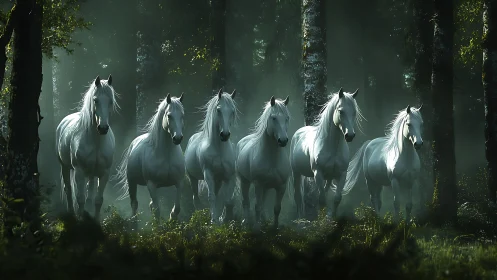 White horses advance through misty forest in cinematic light