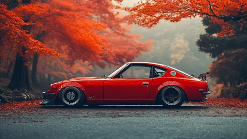 Vintage red coupe poised under blazing autumn maples.