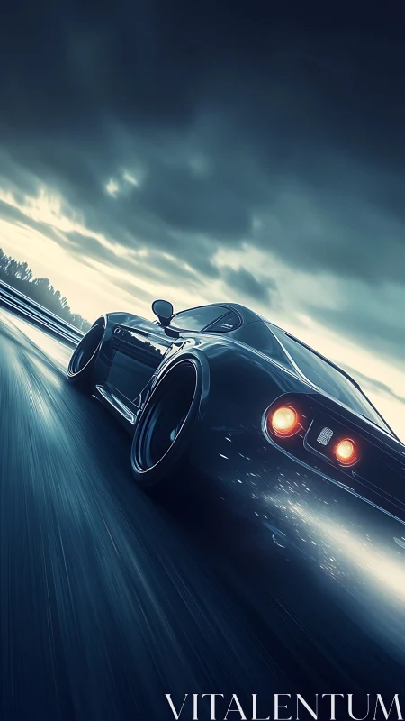 Sports car accelerates on wet track under stormy sky
