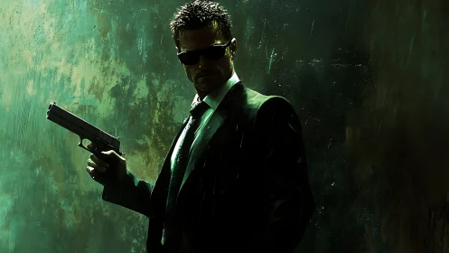 Hitman in rain-soaked alley with gun and dark suit.