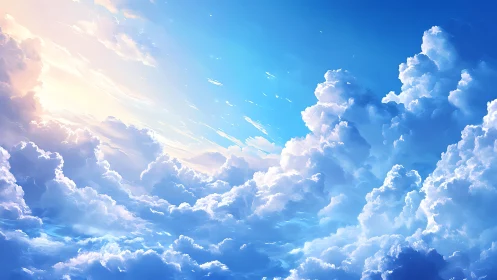 Layered cumulus cloudscape under bright blue sky.