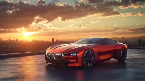 Orange concept sports coupe on rooftop at urban sunset.