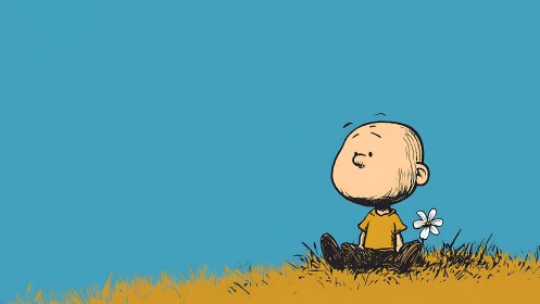 Cartoon child seated in stylized grass observing sky calmly