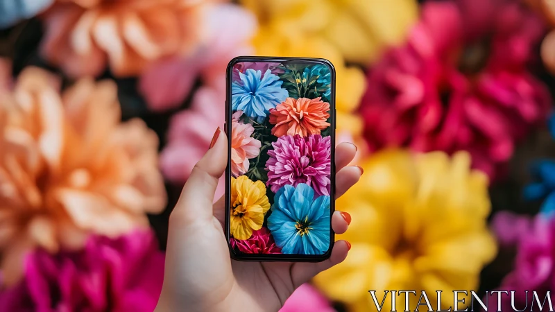 Hand holding smartphone displaying colorful flower arrangement.