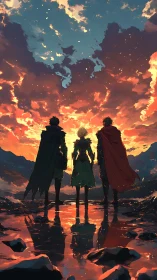 Three brave travelers stand united beneath a blazing sky