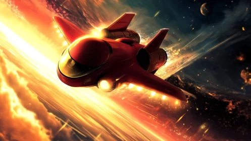 Supersonic red starfighter entering orbital atmosphere corridor