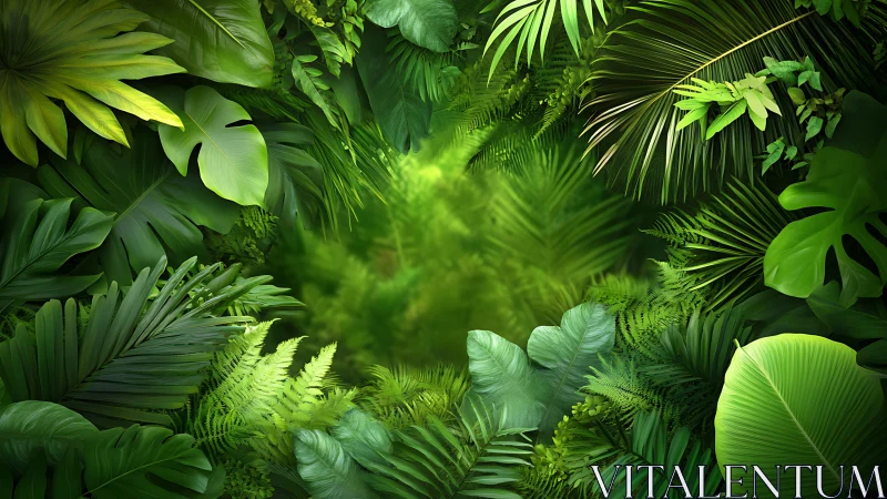 Dense tropical leaves surround central blurred green clearing