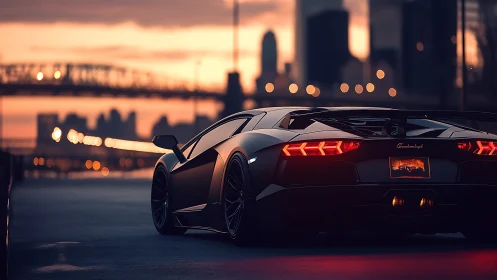 Supercar taillights glow against sunset urban skyline.