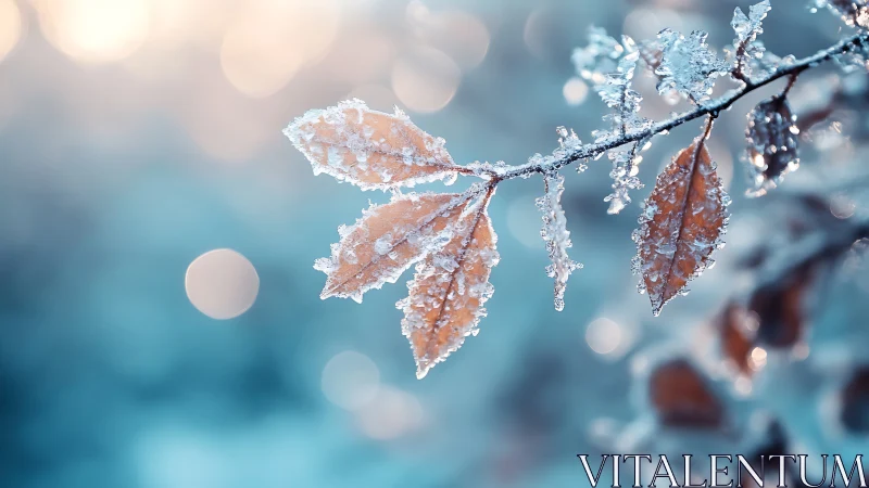 Macro study of frosted autumn leaves against cool bokeh field