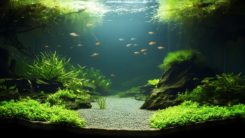 Photorealistic aquascape with central gravel stream layout.