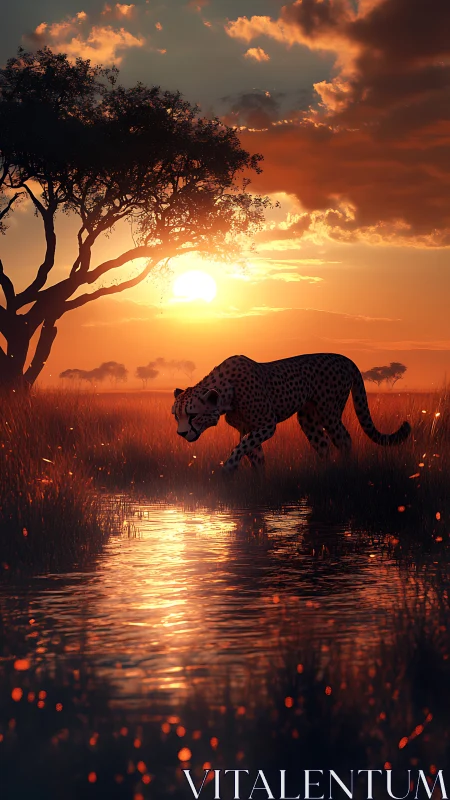 Leopard stalking at dusk beneath acacia tree.