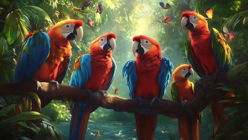 Vibrant Scarlet Macaws Perched in Lush Jungle, Realistic Digital Art.