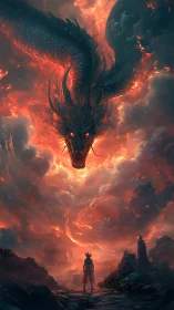 Warrior confronts colossal fire dragon in stormy sky.