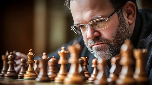 Middle-aged man studying wooden chess pieces at board.