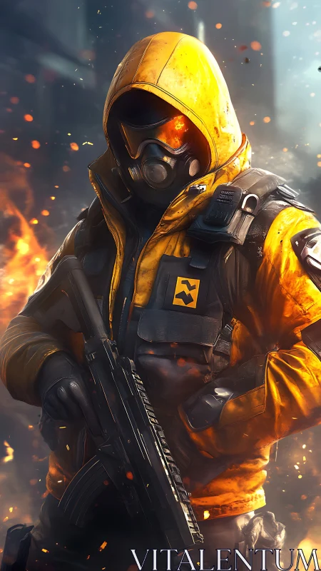 Hooded hazmat soldier advances through blazing urban warzone.