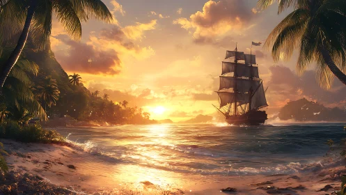 Golden-hour tall ship off tropical palm-framed shoreline.