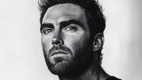 Monochrome hyperreal male portrait with etched texture detail.