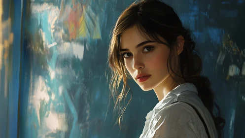 Young woman in soft light before abstract teal backdrop.