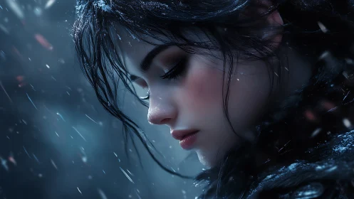 Profile view shows a woman rendered in close-up winter scene