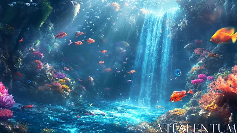 Luminous undersea waterfall with vibrant coral reef life.