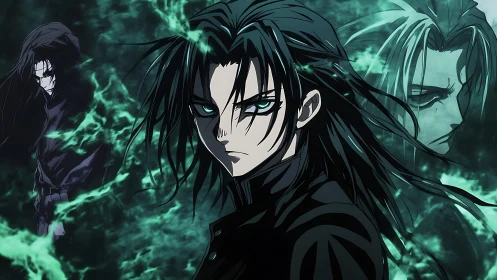 Dark haired anime figure with spectral duplicates in green mist.