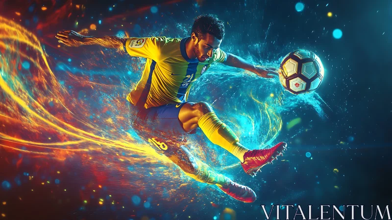 Dynamic soccer player in neon motion with glowing energy trails.