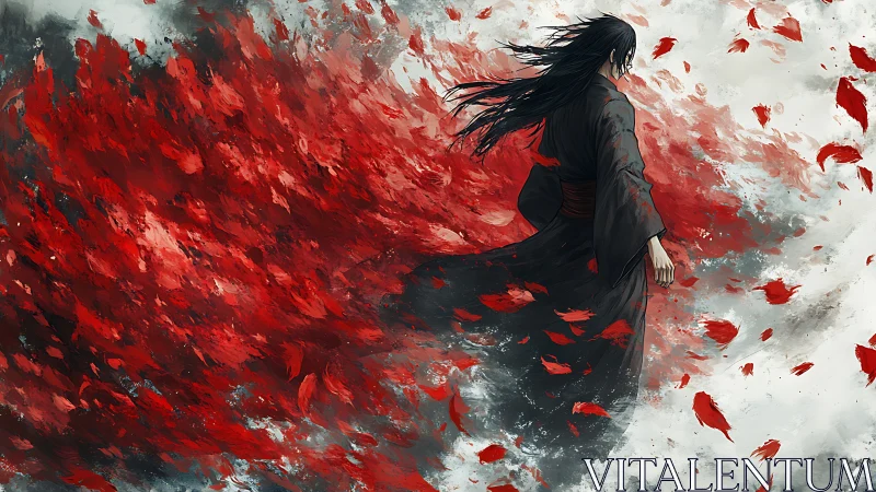 Samurai silhouette in turbulent red particle vortex field.
