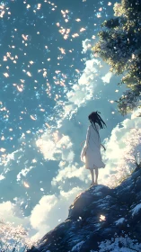 Girl on a cliff watching cherry blossoms drift to heaven.