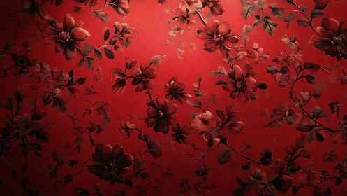 Red floral pattern with dimensional botanical elements on textured surface.