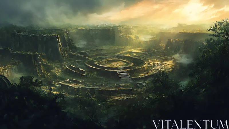 Circular stone ruin within misty overgrown valley basin.